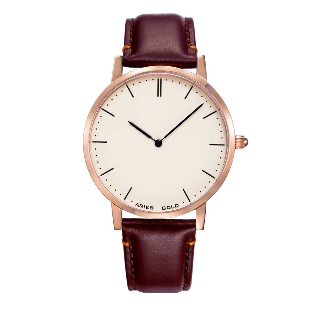 ARIES GOLD URBAN TANGO ROSE GOLD STAINLESS STEEL G 1007 RG-BEI BROWN LEATHER STRAP MEN'S WATCH